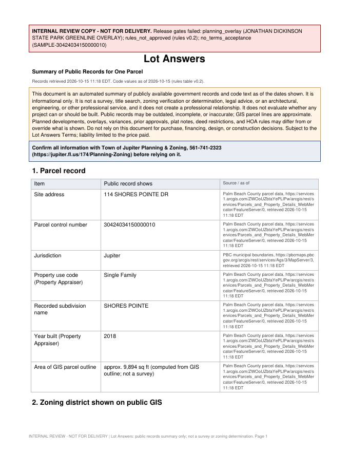 Sample Lot Answers report, page 1